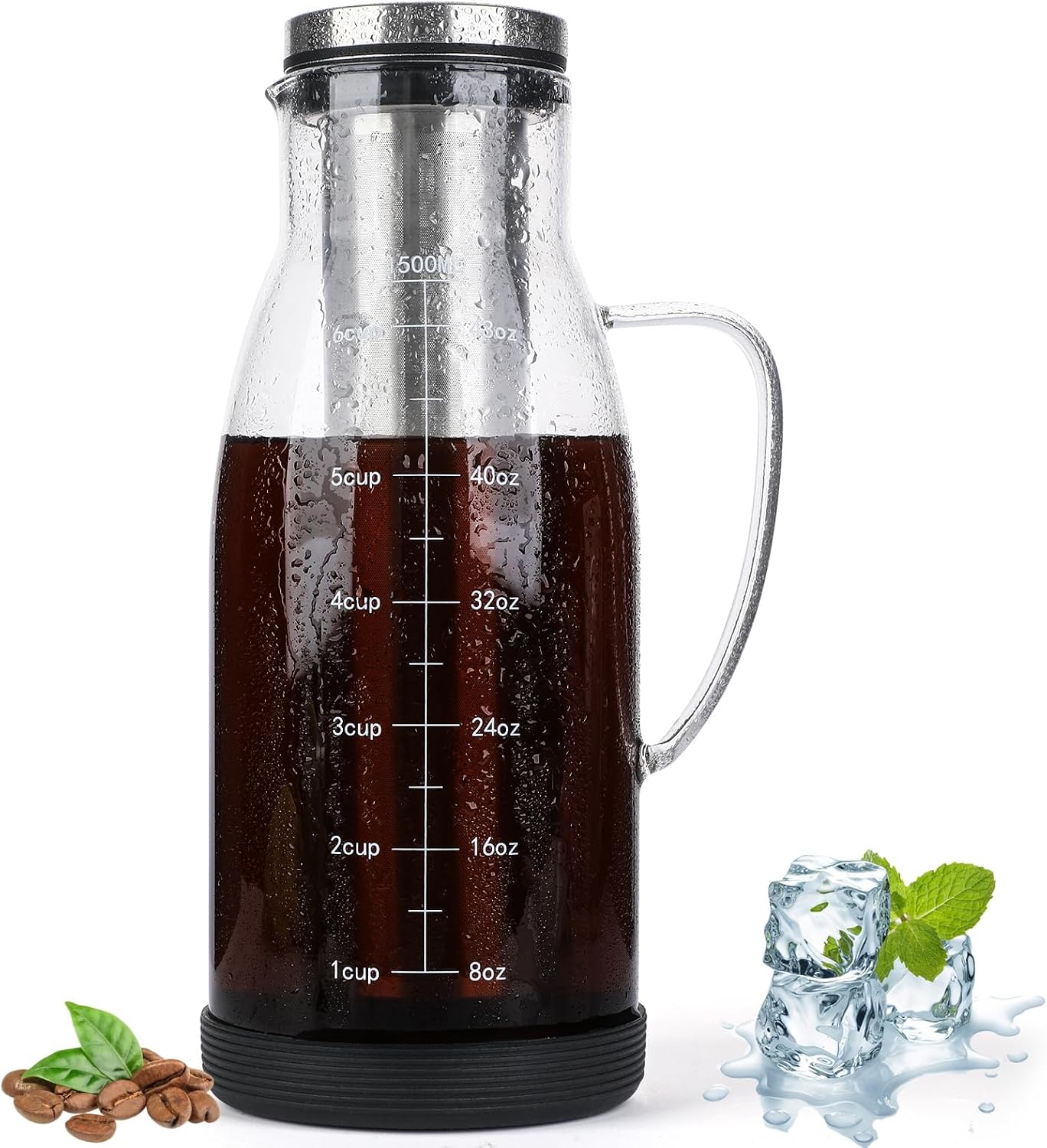 51オンスのガラス製水出しコーヒーメーカー、ステンレスフィルター付き、1.5Lアイスティーピッチャー、気密