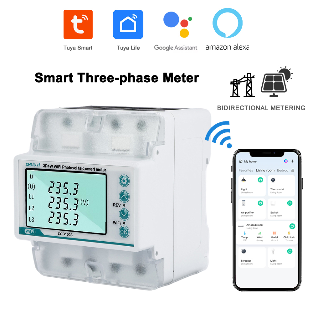 Tuya Wi-Fi スマート三相太陽光発電メーター 100A/380V 双方向計量過電圧/不足電圧保護