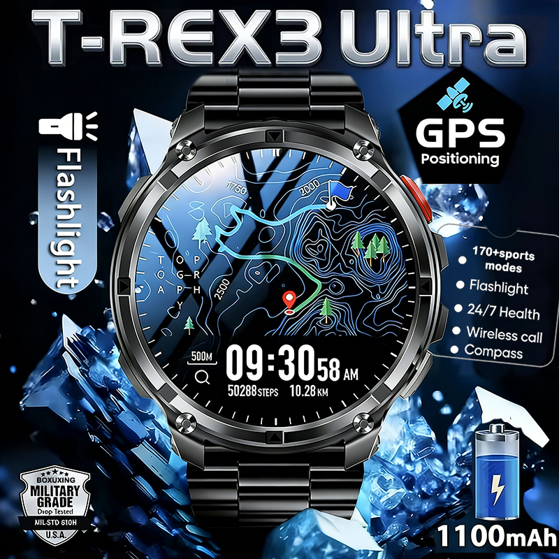 新しい T-REX3 超 1100mAh バッテリースマートウォッチ 10ATM 防水 GPS コンパス懐中電灯 1.7 "AMOLED HD 通話スポーツスマートウォッチメンズ