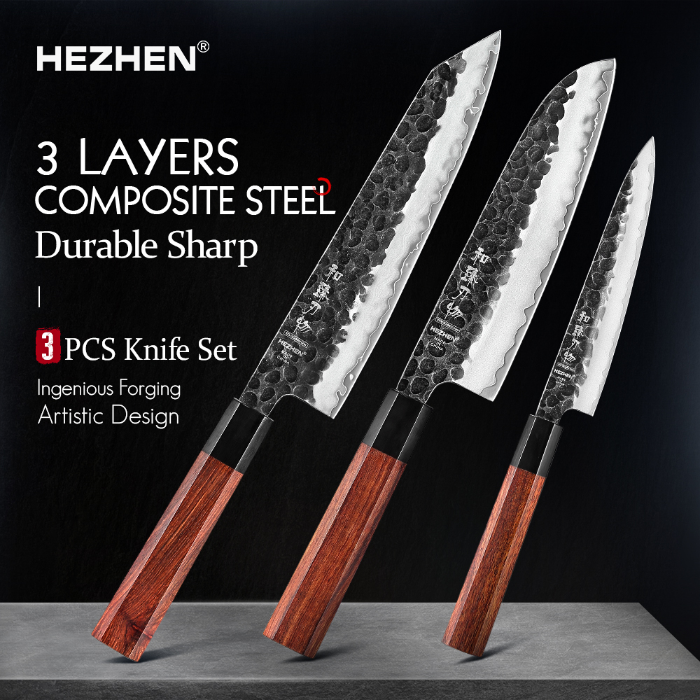 HEZHEN 1-3PC 包丁セットシェフユーティリティ三徳プロフェッショナルクラッド鋼日本料理肉包丁レッドウッド