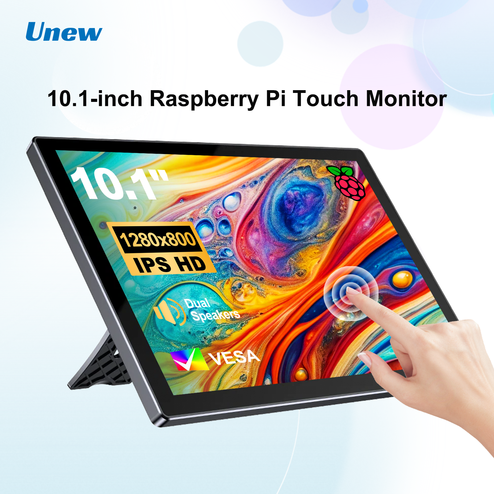 Unew 10.1インチ 60Hz タッチスクリーンモニター | 1280x800 Raspberry Pi 5 4 3用、Androidフォン、ラップトップ、Orange Pi DIYコンピュータで動作します