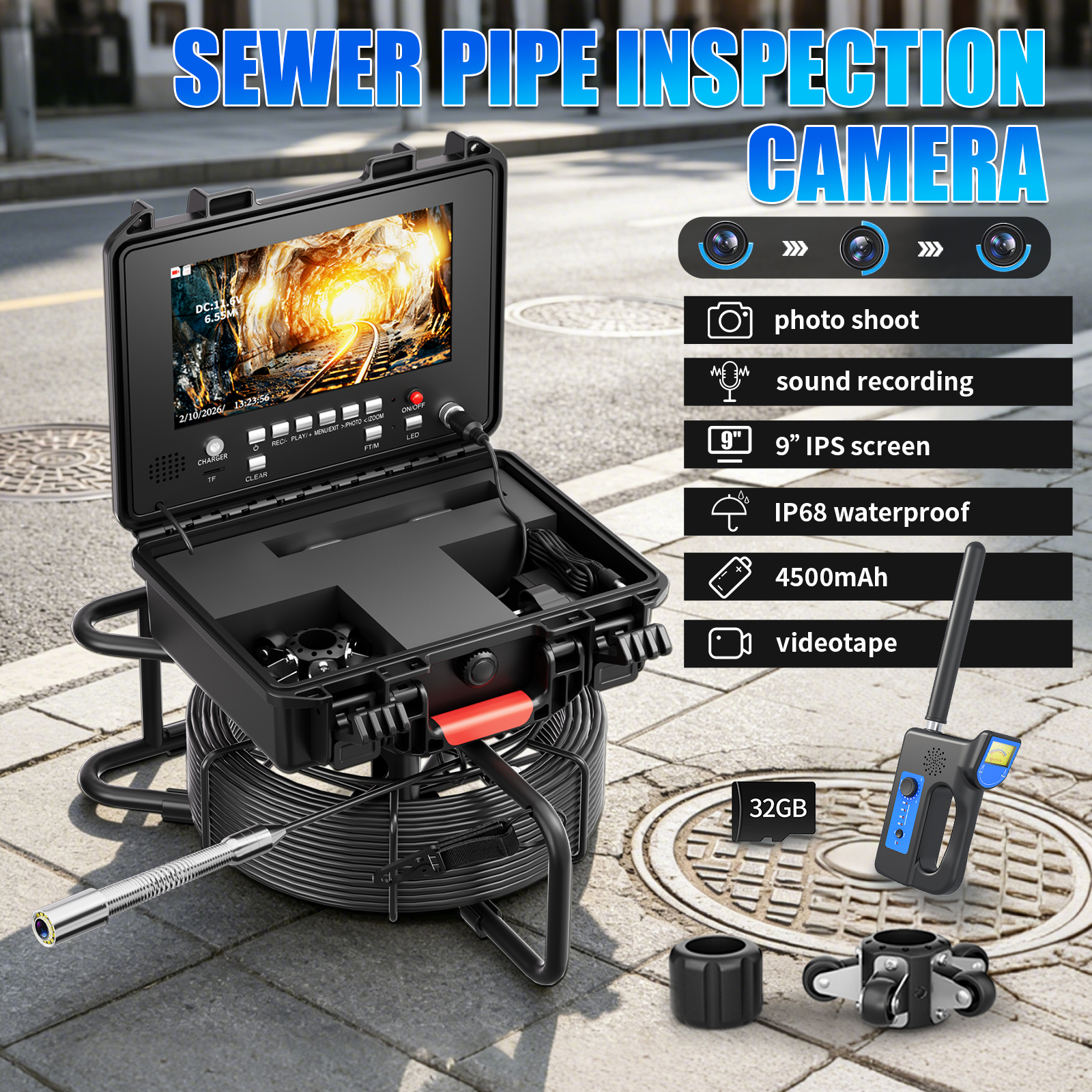 下水道管検査カメラ 9 インチ IPS 1080P セルフレベリング 512HZ ロケーター DVR 録画メーターカウンター