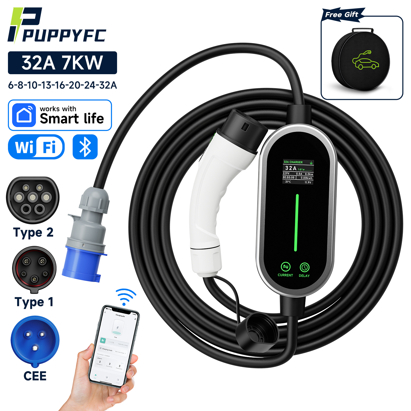 Puppyfc Type2 ポータブル EV 充電器 7KW 32A 1 相 WiFi スマートコントロールウォールボックス Type1/GBT ホーム EVSE CEE プラグ電気自動車用