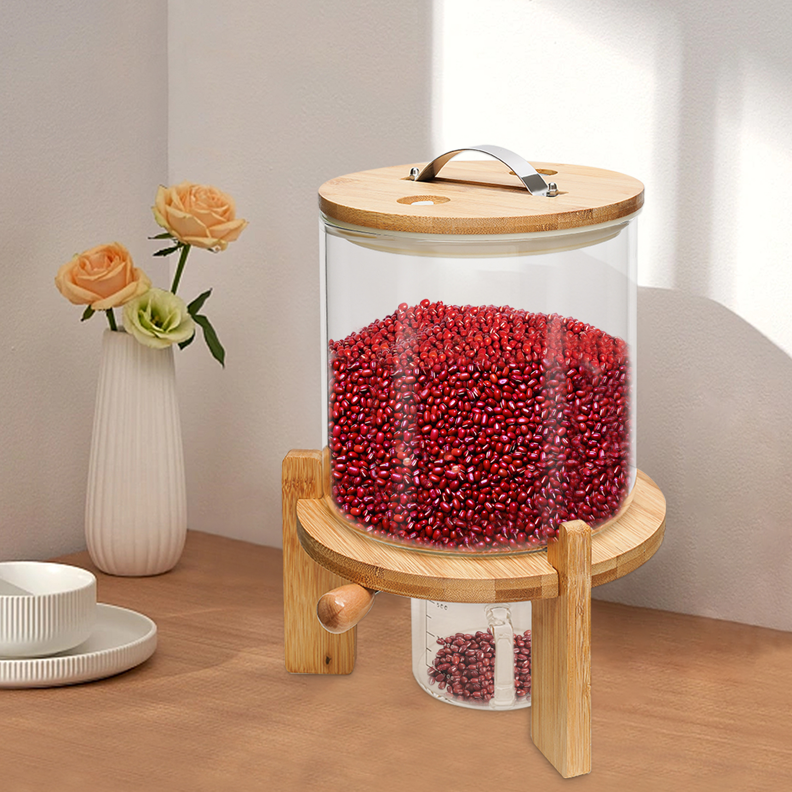 新しい 5L ライスディスペンサー穀物容器穀物保管乾燥食品ガラスボトルパントリー組織と保管ガラス用バルブ付き