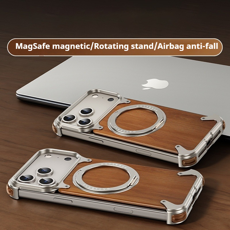 Eary 磁気木製ケース iPhone 17 Pro Max Air MagSafe ワイヤレス充電器用 360°回転スタンド アルミニウム無垢材シェル