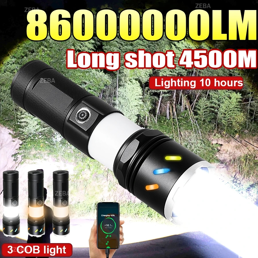 86000000LM High Power LED Flashlight Type-C Rechargeable Waterproof Torch with COB Side Light Portable Zoom Camping Fishing Lamp