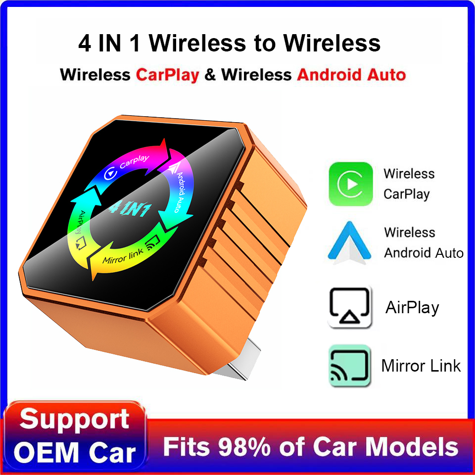 新しい 4in1 ワイヤレス Carplay アダプタ Airplay ミラーリンク WiFi BT スマートカーシステム投影スクリーン CarPlay Android 自動