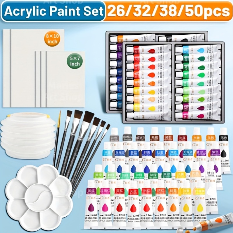 アクリル絵の具セット 50/38/32/26 個高品質、12 ミリリットル/0.41 オンス、キャンバス、ブラシ、パレットなど、初心者向け、紙、ガラス、石、木