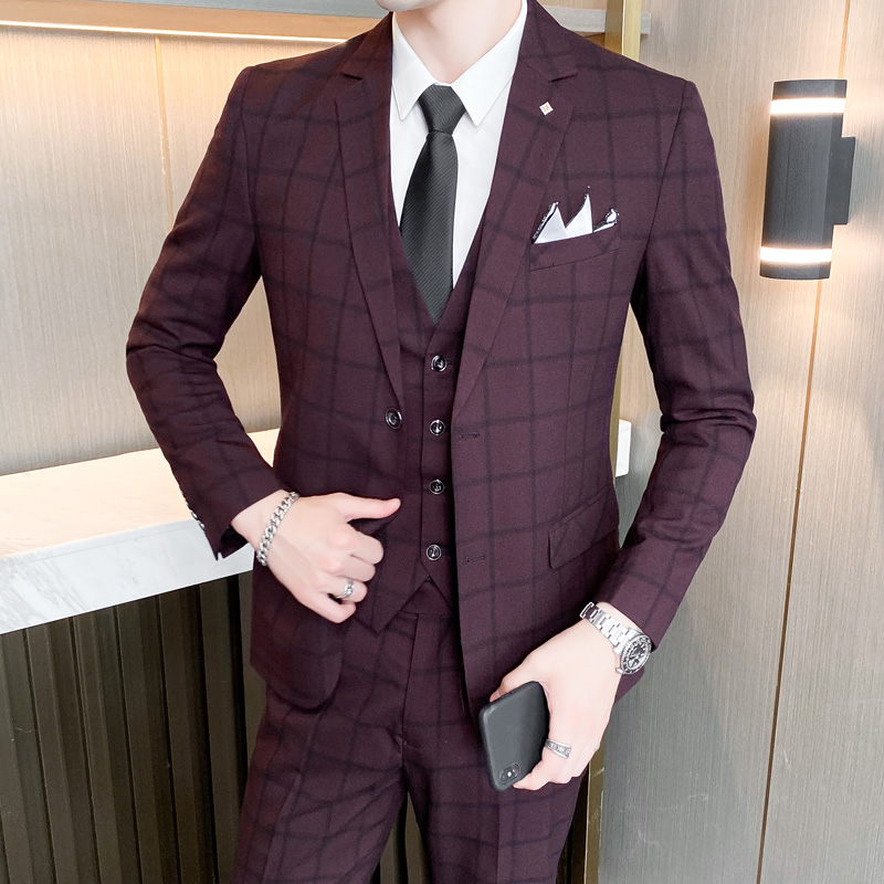 スーツ (ブレザー ベスト パンツ) 男ファッション ビジネス 英国グリッド トレンド スタイル カジュアル ホスティング スリム 結婚式 仕事 Conjunto Hombre