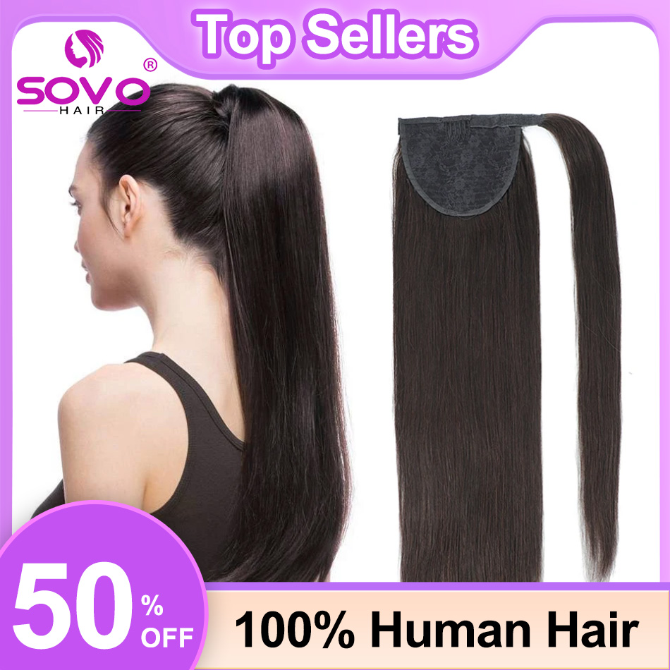 SOVO ポニーテール人毛ラップアラウンドつくしストレートヨーロッパヘアエクステンションブロンドレミー人毛ロングポニーテール 60-120 グラム