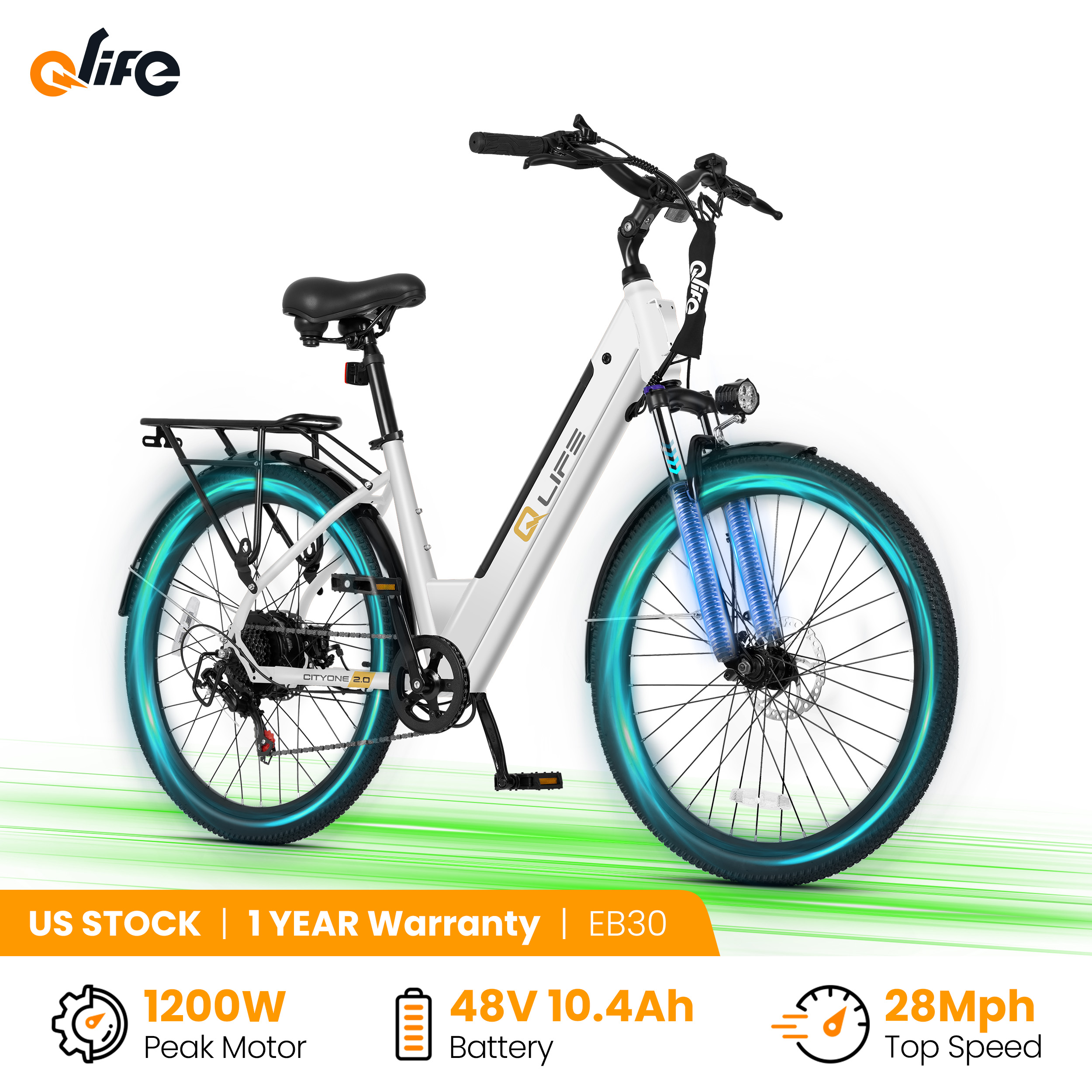 Qlife Cityone 2.0 26インチ大人用電動自転車、1200Wピークモーター48V 10.4Ahバッテリー、28MPH 55マイル、フロントサスペンション付き7スピード電動自転車