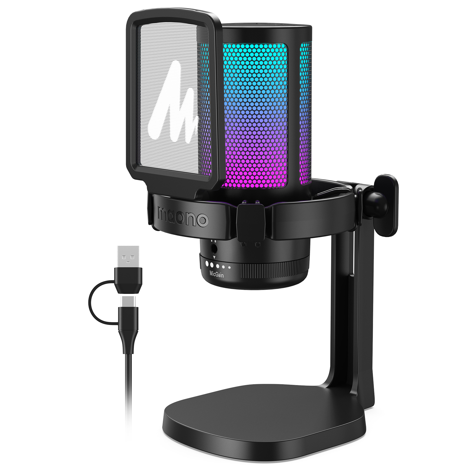 MAONO DGM20 ゲーミングマイク、USB マイクコンデンサーマイク RGB ゲーミングマイク、ノイズリダクションソフトウェア付き、マイクゲイン、ワンキーミュート