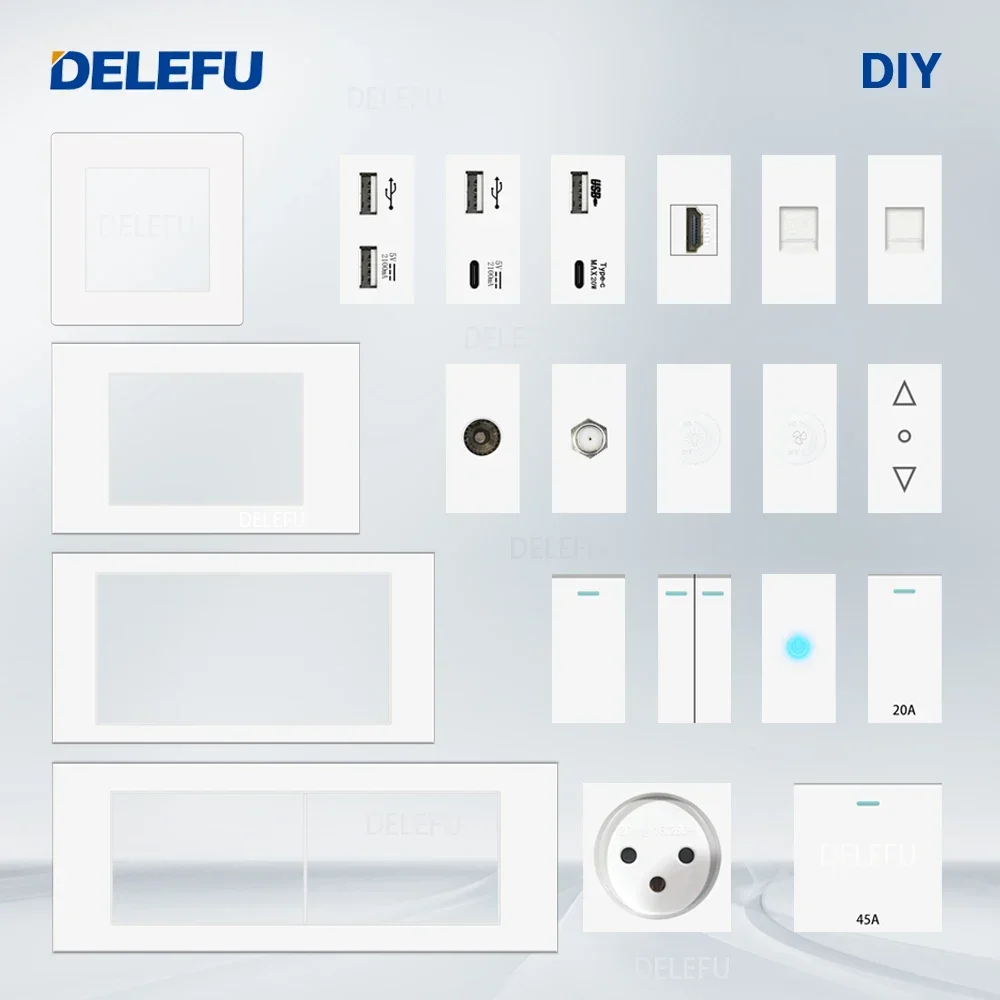 DELEFU イスラエルソケット DIY ブランクボード USB TypeC ドアベルスイッチ 45A 20A カーテン TEL CAT5 TV HDMI SAT スマートホワイト