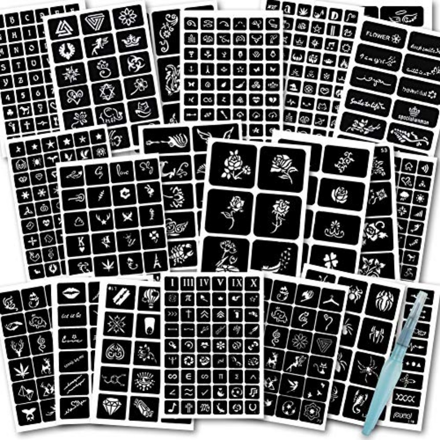 524個のヘナタトゥーステンシルキット、ペン付き、フェスティバル、パーティー、結婚式用の再利用可能なボディアートテンプレート、完璧なDIYクラフト着