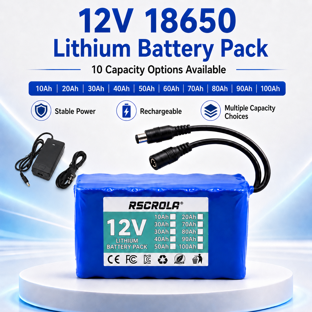 BMS 付き充電式 12V 18650 リチウム バッテリー パック、ソーラー、LED ライト、ラジコン モデル、電源、長いサイクル寿命、充電器付き