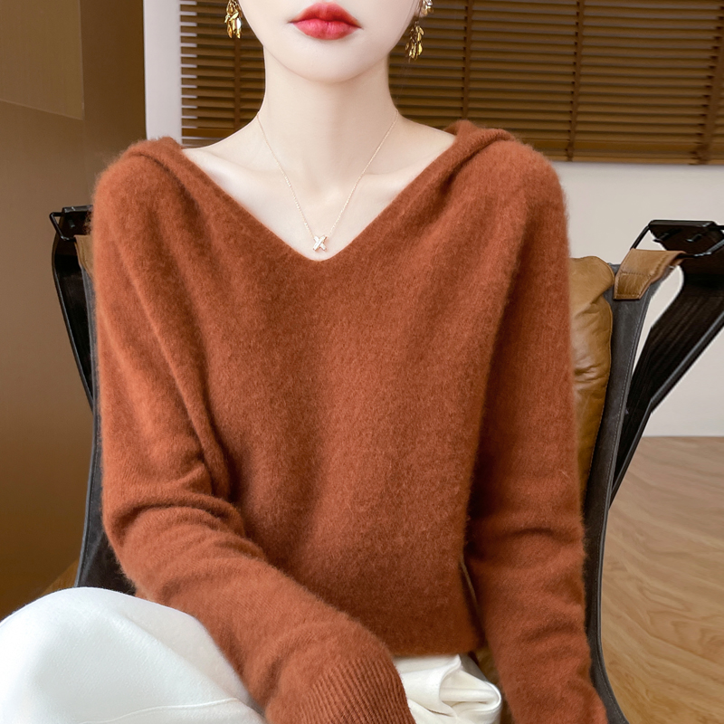 女性秋冬服フード付き襟プルオーバー 100% メリノウールセーター新ファッションカシミヤトップス底入れニットウェアソフト