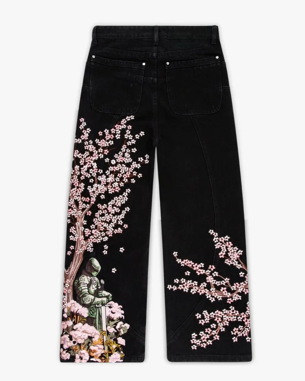2026 ヴィンテージだぶだぶ堕騎士桜刺繍ジーンズ男性女性ファッションストレートワイドレッグデニムパンツストリートジーンズ