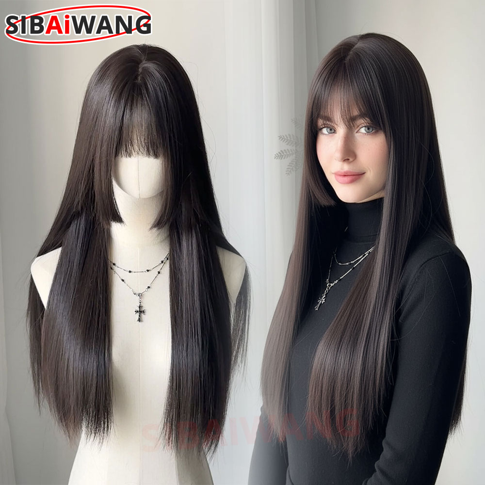Dark Brown Long Straight Hairline Wigs With Bangs For Women Natural Straight Layered Fake Hair Party Cosplay Wigs Heat Resistant