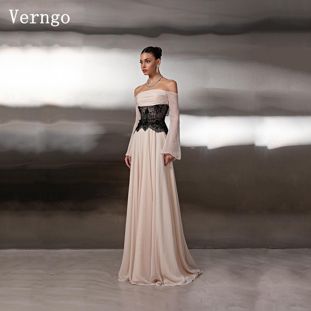 Verngo アイボリーシフォンイブニングドレスオフショルダーフルスリーブフォーマルオケージョンドレスエレガントなアラビアウエディングドレスカスタマイズ