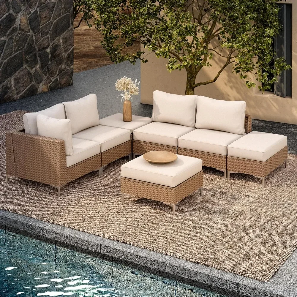 # Hot 7 Pieces Patio Furniture Set With Hidden Storage Compartment, Outdoor NaturalConversation Set With Plush Oversized Cushion