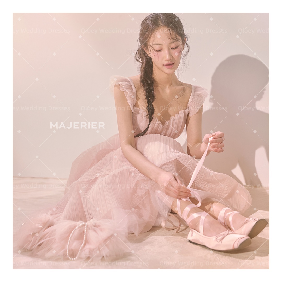 OLOEY 2026 Pink Tiered Korea Evening Dresses A-Line Tulle Customize Korea Wedding Dress Photo Shoot Bridal Gowns 웨딩드레스