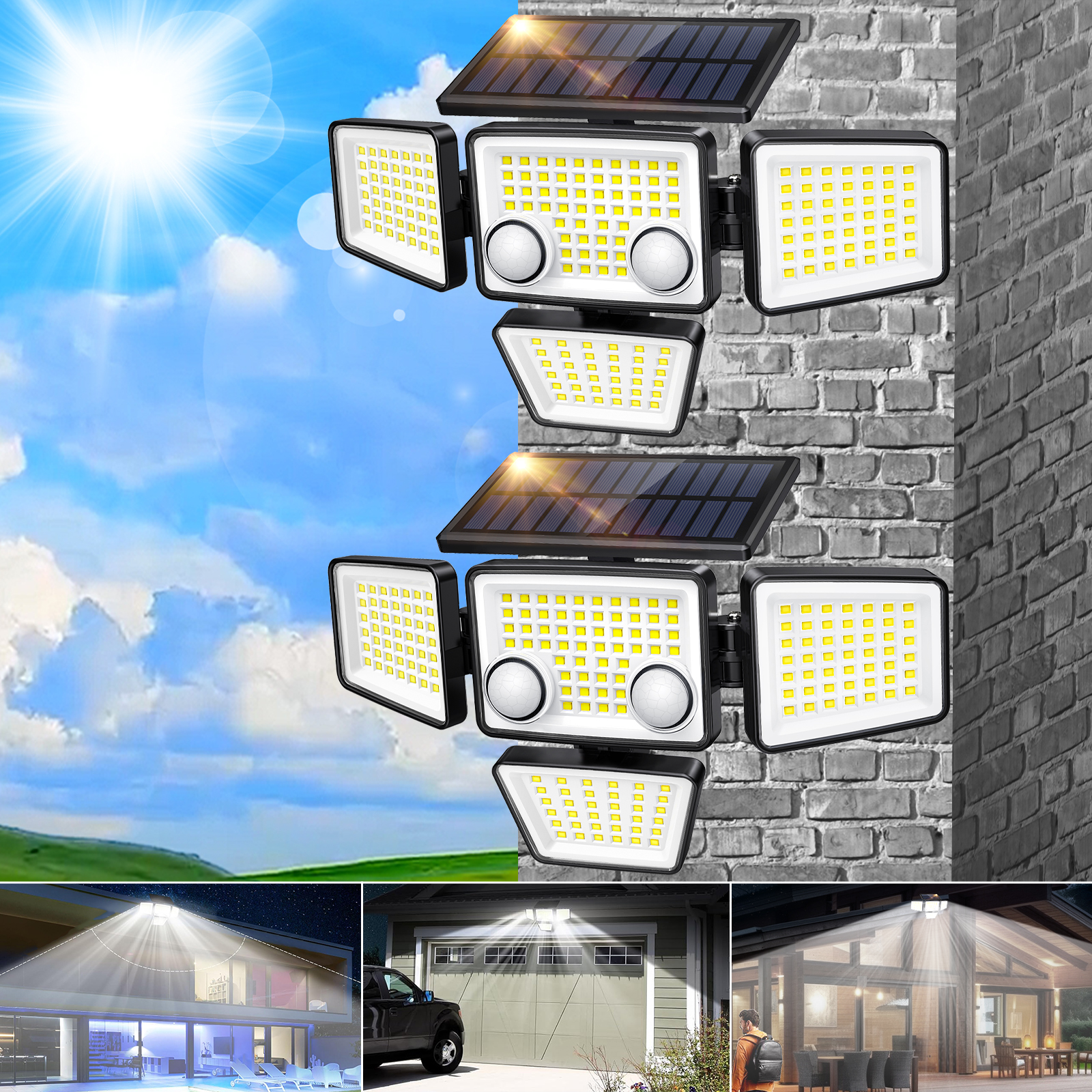 屋外ソーラーライト 2 個パック - IP65 防水、3000LM 188 LED モーションセンサーライト ソーラーライト 裏庭、パティオ、ポーチ用