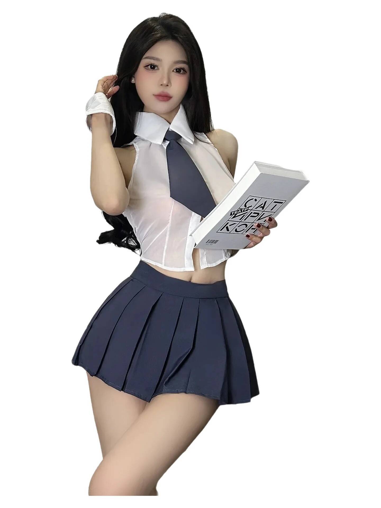 2024 新しい女性のセクシーな純粋な欲望スタイルラペルノースリーブスリムメッシュショートトップハイウエストプリーツショートスカート 2 点セット 4UG3