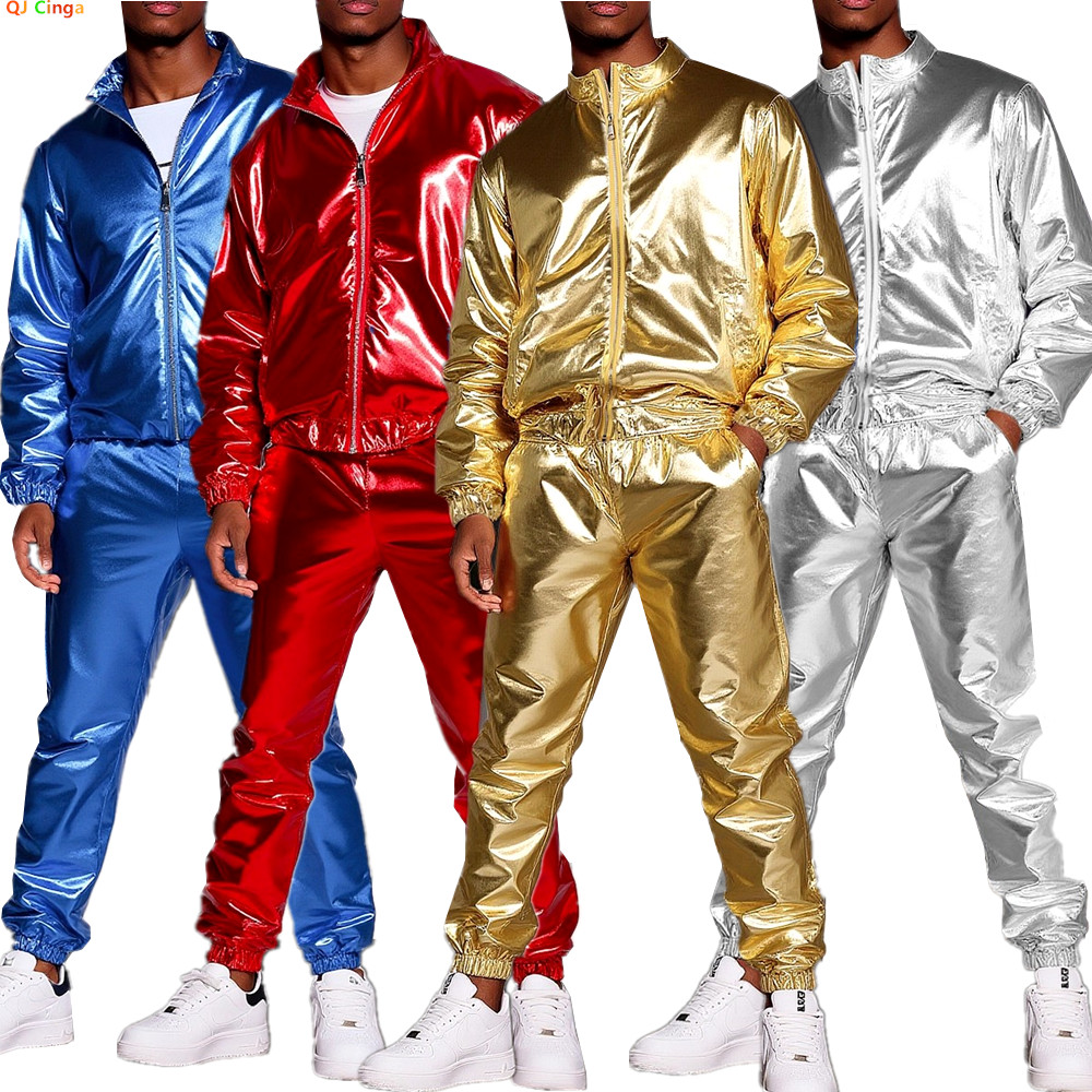 軽量メンズ シルバー スタンドカラー ジャケットと伸縮性ウエスト パンツ、ゴールド ナイトクラブ/ステージ パフォーマンス 2 点セット。