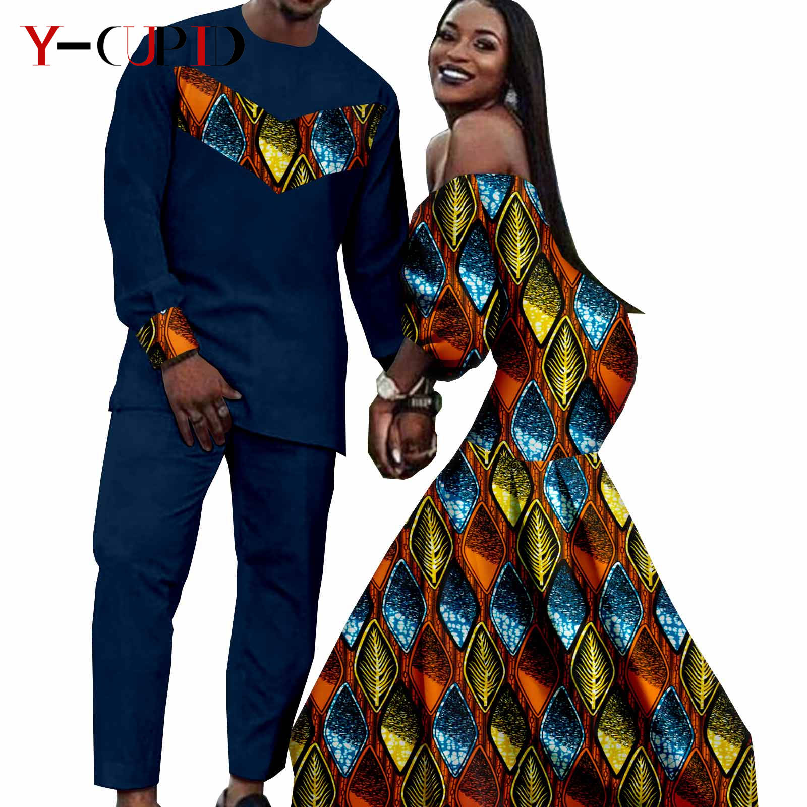 アフリカプリントロングマーメイドドレス女性のためのマッチ男性衣装 Dashiki トップとパンツセットバザンリッシュカップル服 Y22C024