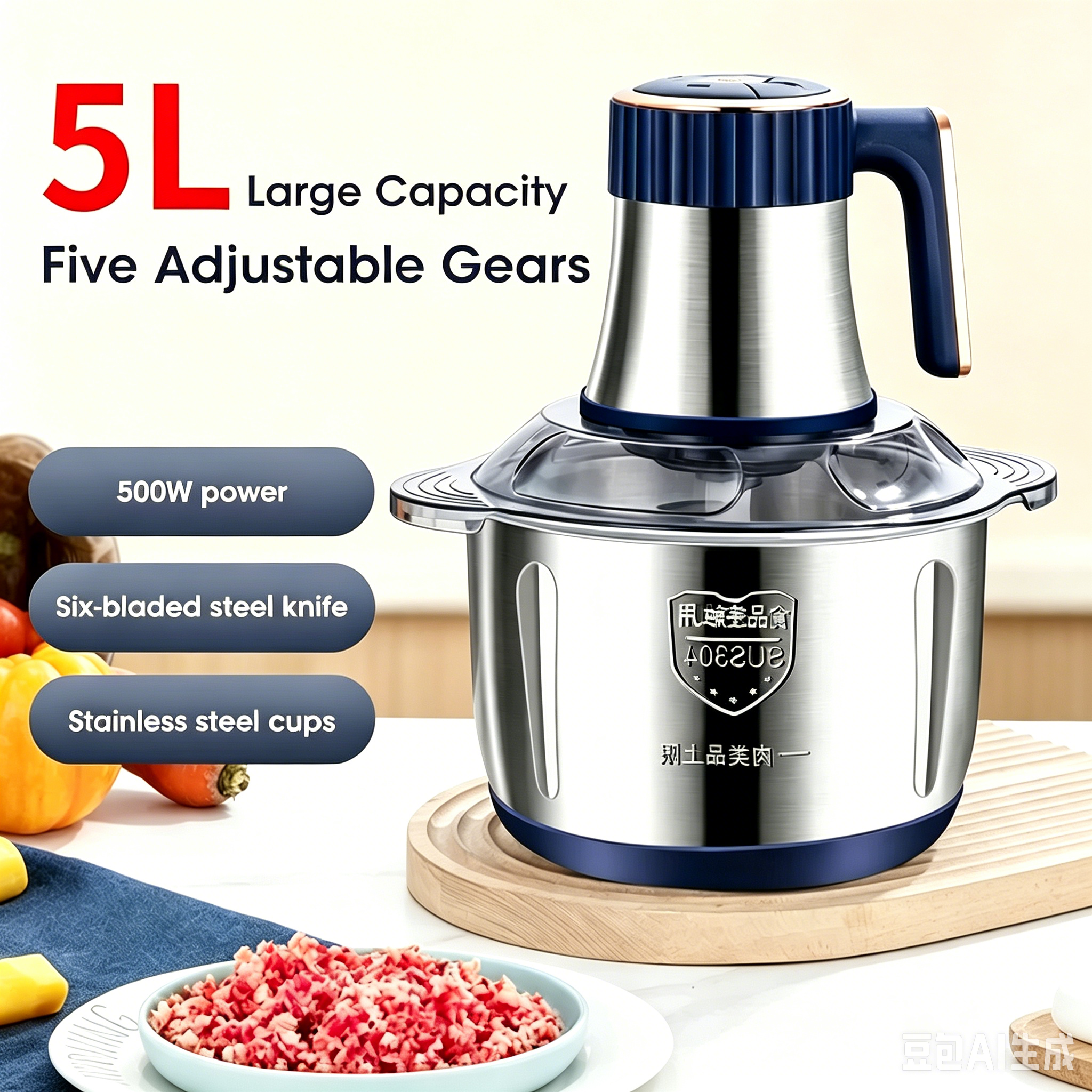 5L SUS304 ステンレス鋼ボウル電気食品チョッパー多機能肉グラインダーミンサー野菜スライサーベビーフードプロセッサー