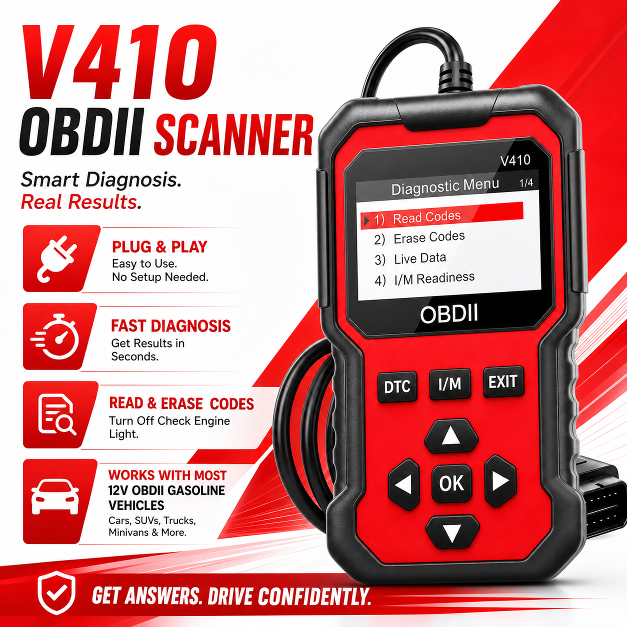 V410 OBD2 スキャナ診断ツール、エンジン コード リーダー