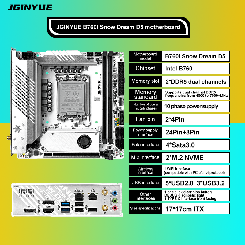 JGINYUE B760i マザーボード LGA 1700 サポート Intel Core 12th 13th DDR5 メモリ RAM 最新 mini itx B760i-Snow Dream D5