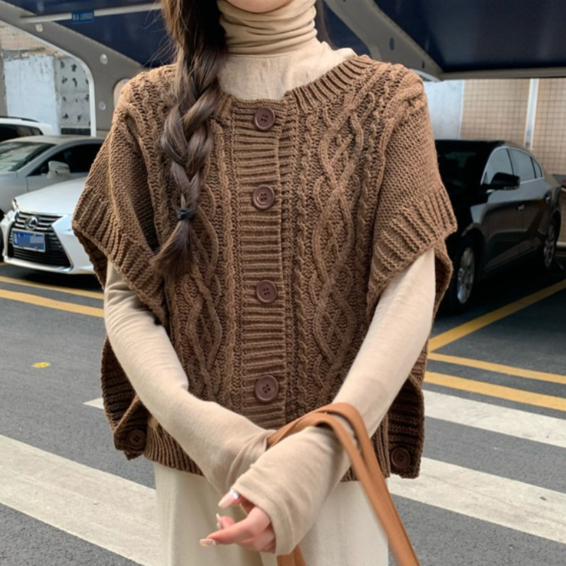 ヴィンテージケーブルニットシングルブレストノースリーブセーターベスト女性のためのオープンサイドスリットボタンダウンチョッキカジュアルトップス