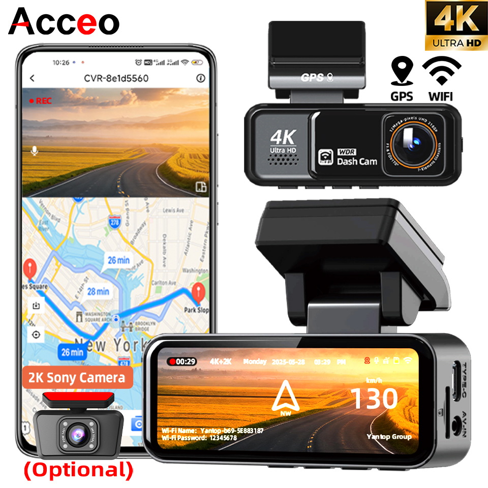 Acceo 4K ダッシュカム 内蔵 WiFi GPS ナイトビジョンサポート 2.5K バックミラーカメラ デュアルレンズ 24H 駐車カービデオレコーダー ブラックボックス