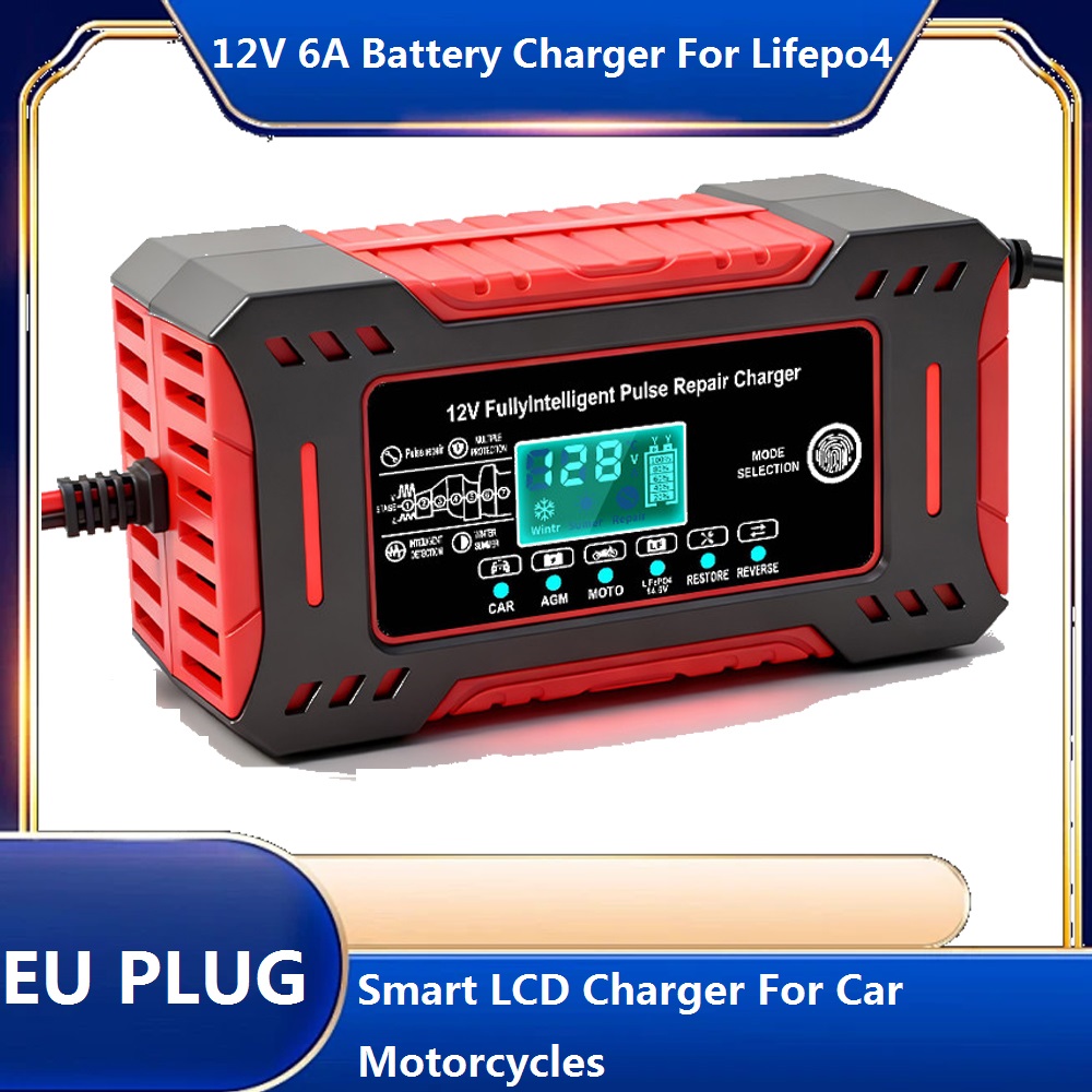 12V 6A 最大スマートパルス修理バッテリー充電器車モト鉛酸 AGM 電池 14.6V 6A LiFePO4 バッテリー充電器 Lcd ディスプレイ