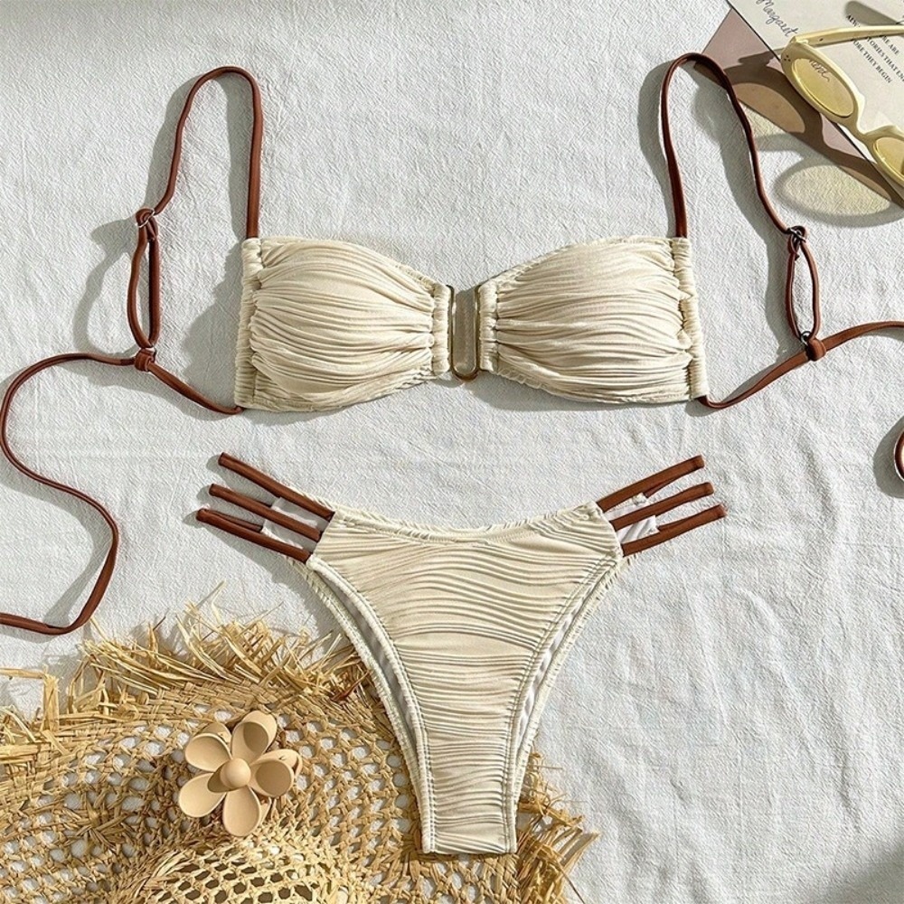 2 個新しい夏の女性の水着水着しわビキニセット中空セクシーなセパレート水着夏のシーズン