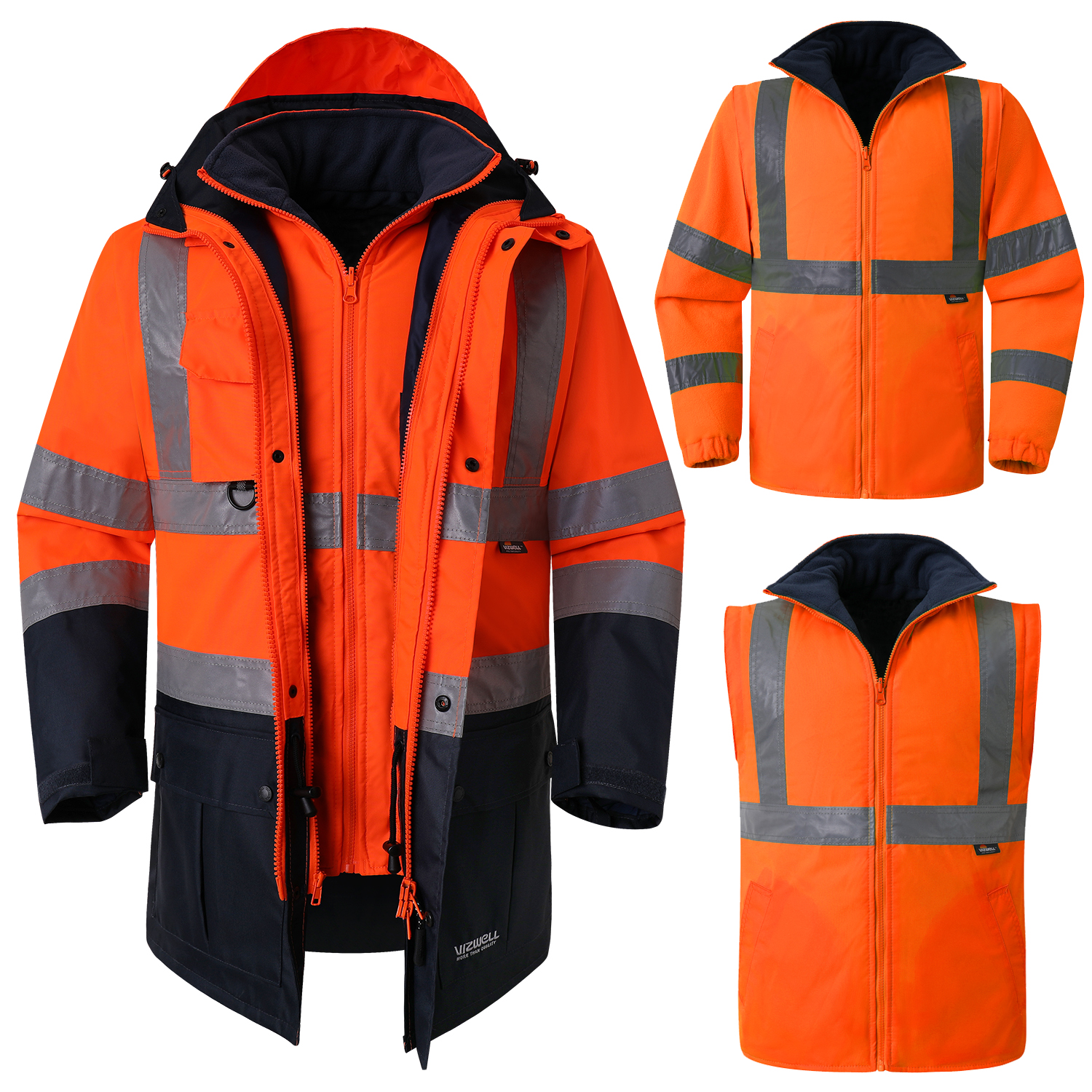 Hi Vis 5 in 1 防水パーカー ウインドブレーカー 作業服 レインコート 反射安全ジャケット 取り外し可能なライナー付き