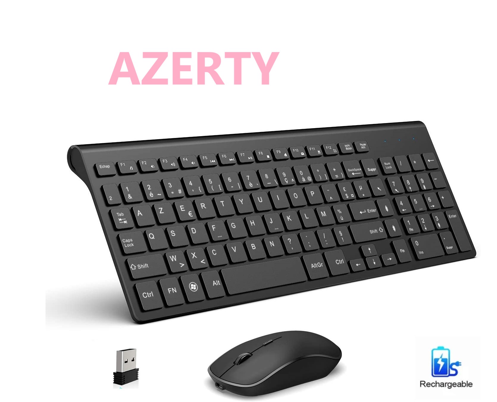 フレンチキーボード ワイヤレスキーボードとマウスのコンボ、2.4G 充電式 AZERTY キーボードセット 人間工学に基づいたコンピュータ Mac PC ラップトップ TV 用