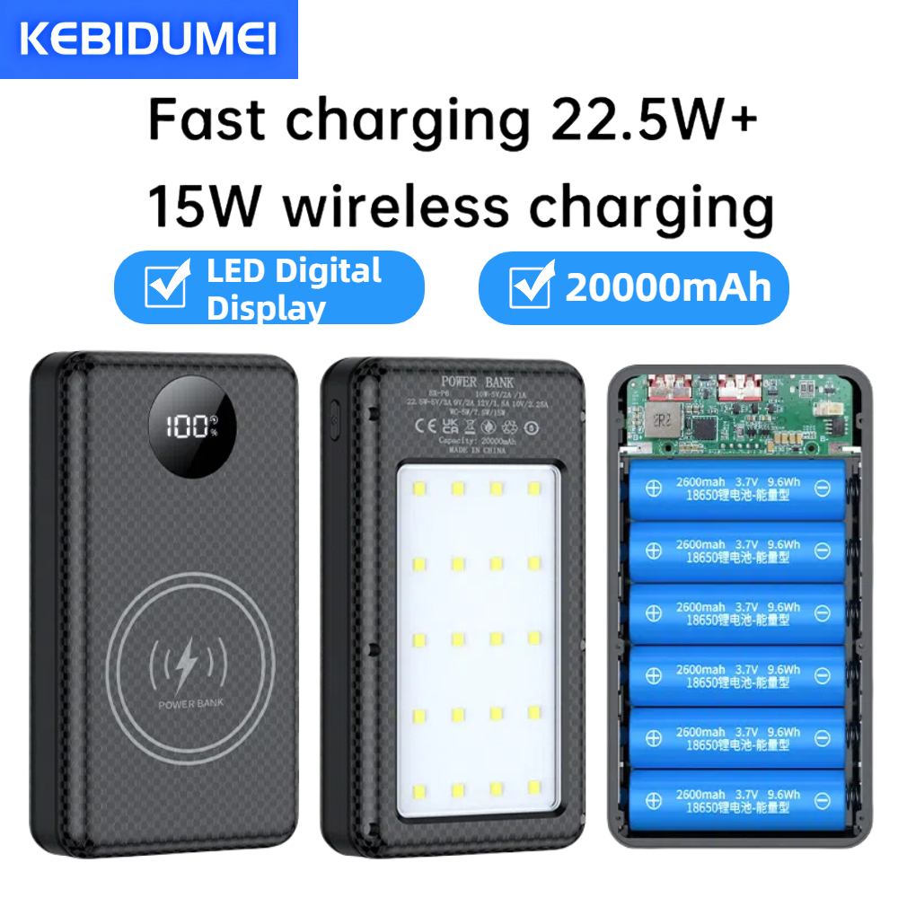 6*18650 20000mAh パワーバンクケース 22.5 ワット急速充電 15 ワットワイヤレス充電モバイルパワーバンクハウジングバッテリーホルダー電話用