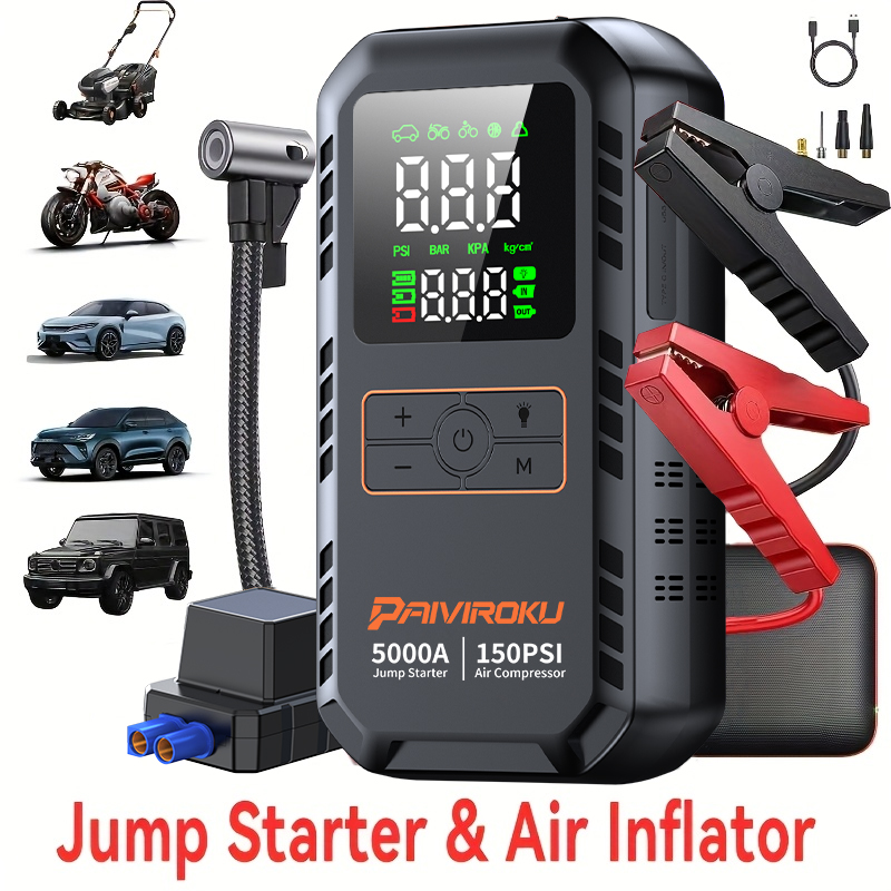 PAIVIROKU 5000A 車のジャンプスターターとエアコンプレッサー 150PSI エアポンプ自動車バッテリーブースターポータブル電源銀行タイヤインフレーター