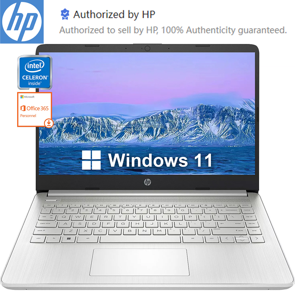 HP 最新 14 インチ ビジネス ラップトップ、Intel Celeron N4120、最大 16GB RAM、384GB ストレージ (128GB eMMC 256GB Micro SD)、1 年間 Office 365、シルバー