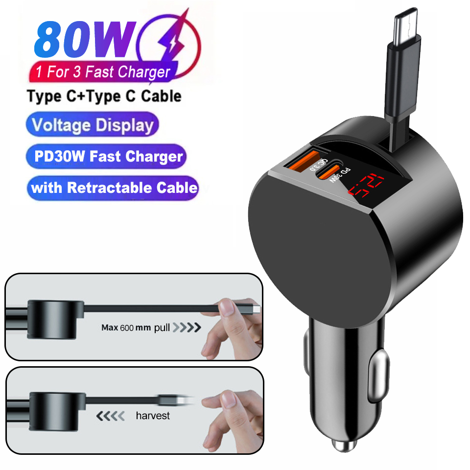 3 で 1 格納式車の充電器 PD30W 急速充電器 USB 自動車電話充電器 iPhone 用急速充電コードシガーライターアダプター