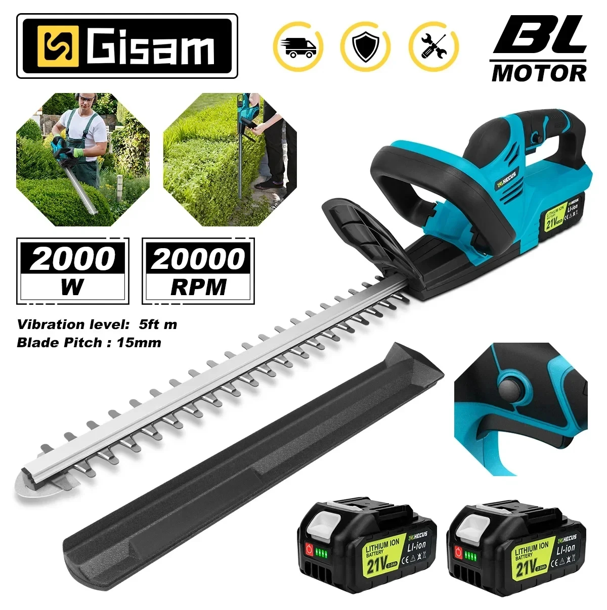 Gisam 20000RPM ブラシレス電動ヘッジトリマー芝刈り機庭造園ヘッジ剪定ばさみトリマーマキタ 18V バッテリーピン