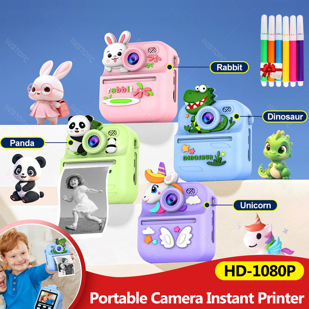 キッズカメラインスタントプリントデジタルデュアルカメラHD 1080Pビデオミニカラーディスプレイ57x25mmサーマルプリンター女の子男の子ギフト用