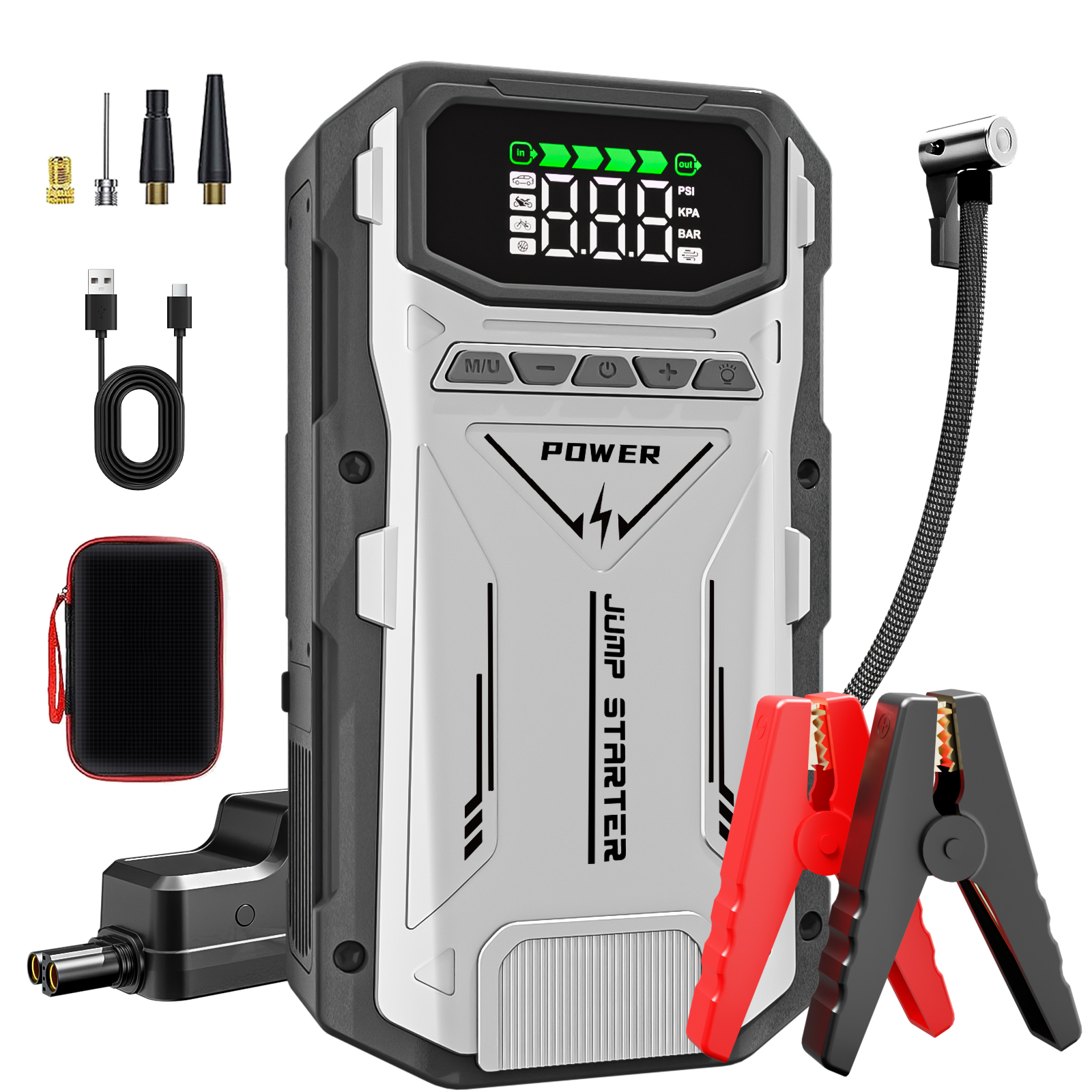 エアコンプレッサー付きポータブルカージャンプスターター、5000Aピーク(7.5Lガス、6.0Lディーゼル)、ジャンプスターターバッテリーパック150PSlタイヤInf付き