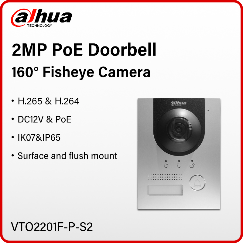 Dahua 170°魚眼ビデオインターホン 2MP HD カラフルな VTO モニター屋外スマートホーム PoE デジタルドアベルカメラ SIP VTO2201F-P-S2