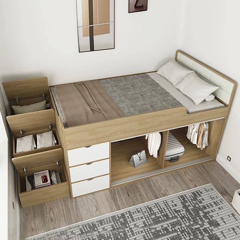 #modern children's half-height bed single multi-functional storage solid wood storage bed small apartment wardrobe integrated
