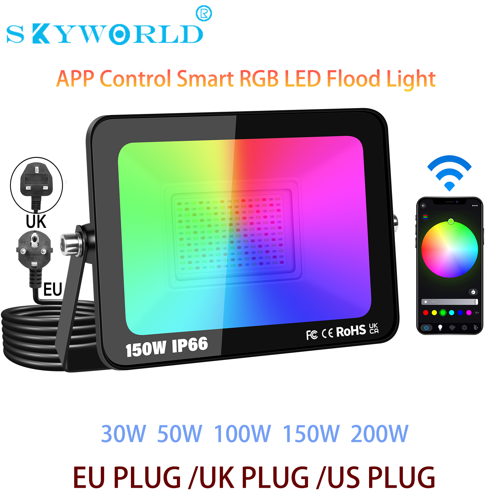 SKYWORLD APP RGB スマート投光器プラグ付き 1600 万色調整可能なワイヤレス接続庭庭屋外照明