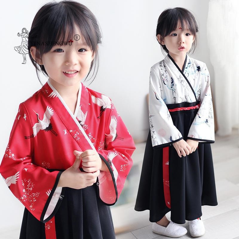 少女ベビー鶴プリントローブセット日本の女の子ドレス着物衣装子供花刺繍トップススカート子供浴衣服