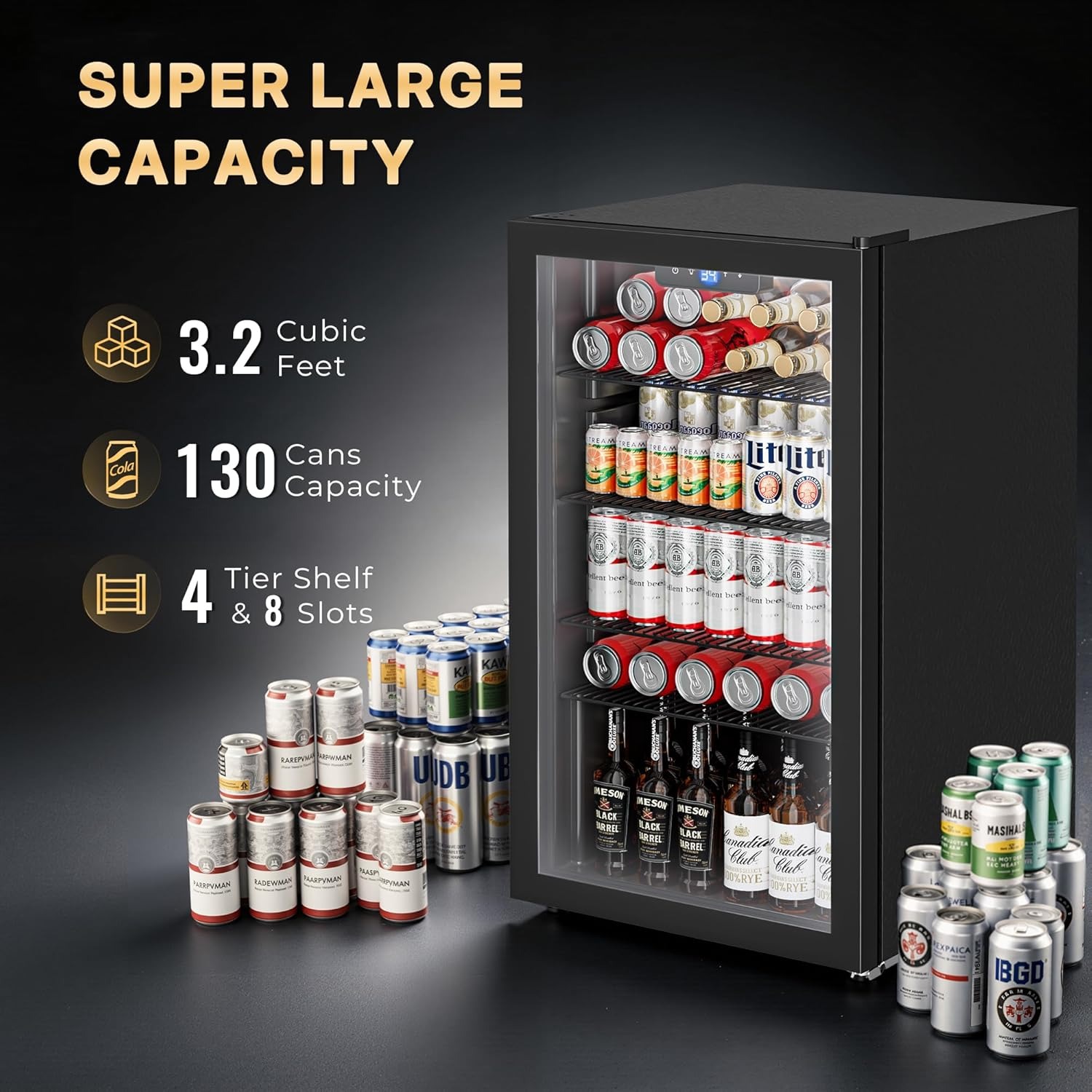 3.2 立方フィート 130 缶飲料クーラー、LED ライト付きガラスドア、34 ～ 64°F、ビール、ワイン用、カスタム
